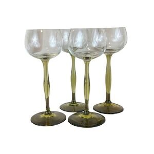 VTG Set‎ of FOUR Art Nouveau 1970s Green Stem Hock Wine Glasses Goblets 7 1/4"